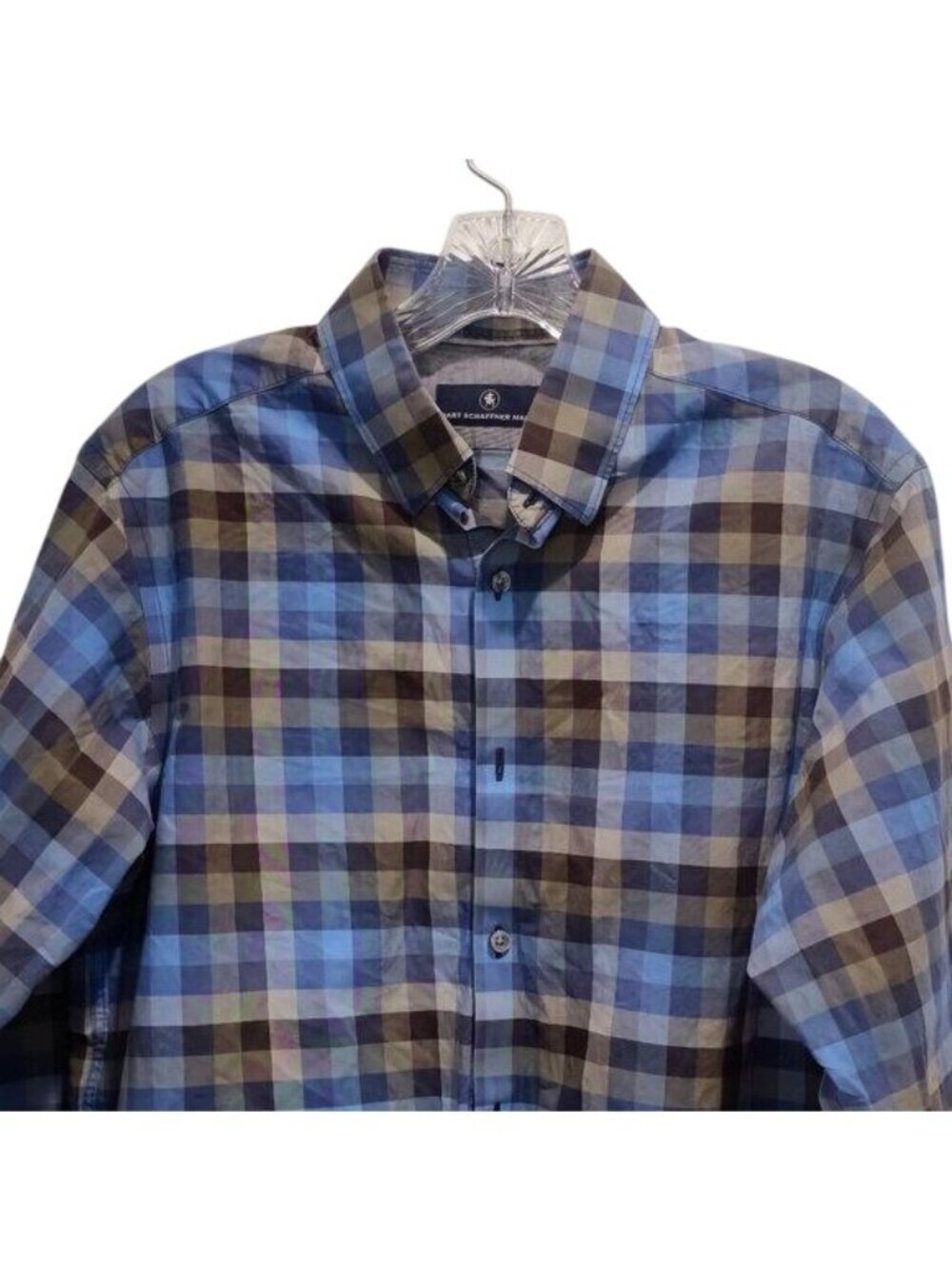 Hart Schaffner Marx Men's M Blue/Brown Plaid 100% Cotton Long-Sleeve Shirt